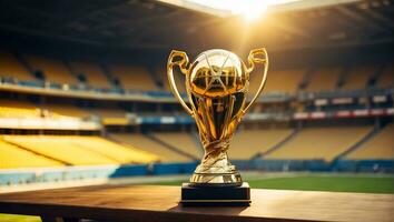 AI generated football championship gold cup at the stadium photo