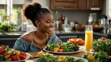 AI generated Beautiful afro american girl in the kitchen with different vegetables and fruits photo
