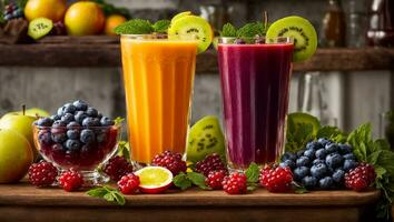 AI generated Fresh juice from various fruits and berries photo