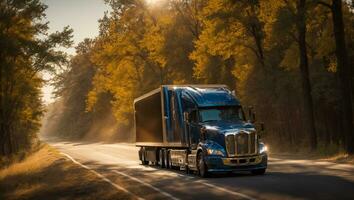 AI generated Truck driving down the road in summer photo