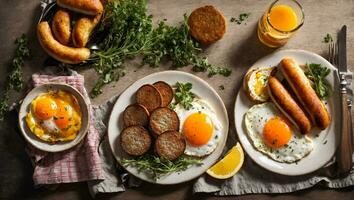 AI generated Delicious fried eggs with sausages on the kitchen table photo