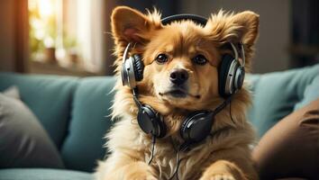 ai generado linda perro vistiendo auriculares en el habitación foto