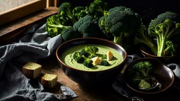 AI generated Appetizing cream of broccoli soup on the table photo