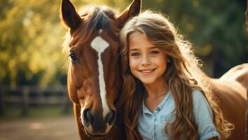 ai generado retrato de un pequeño niña con un caballo en naturaleza foto