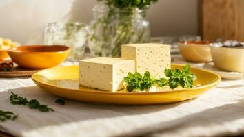 AI generated Fresh tofu cheese with parsley in the kitchen photo