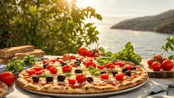 ai generado apetitoso Pizza con Tomates, Olivos, albahaca en el costa foto