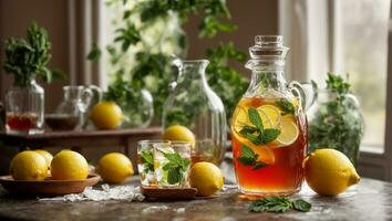 AI generated Cold tea with lemon and mint on the table in glass photo