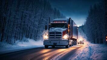 AI generated Truck driving on snowy road at night photo