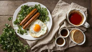 AI generated Delicious fried eggs with sausages on the kitchen table photo