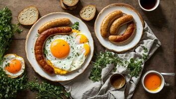 AI generated Delicious fried eggs with sausages on the kitchen table photo