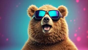 ai generado linda oso en Gafas de sol foto