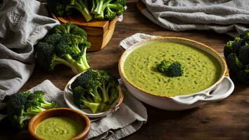 AI generated Appetizing cream of broccoli soup on the table photo
