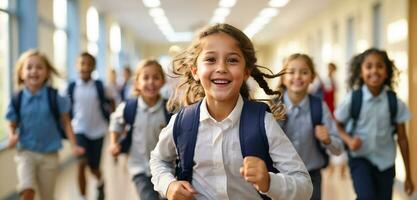 AI generated Happy schoolchildren running along the corridor photo