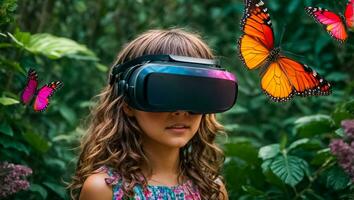 AI generated Little girl wearing virtual reality glasses in the forest, butterflies photo