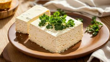 AI generated Fresh tofu cheese with parsley in the kitchen photo