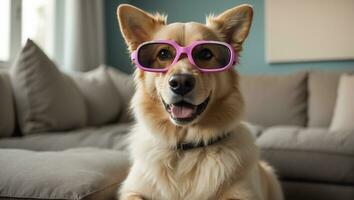 AI generated Cute dog with glasses at home photo