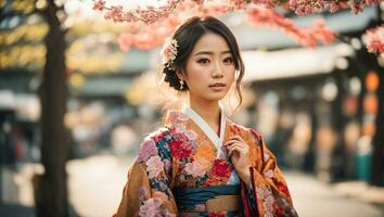 ai generado retrato de un hermosa japonés chica, flor foto