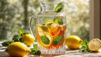 AI generated Cold tea with lemon and mint on the table in glass photo