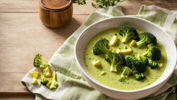 AI generated Appetizing cream of broccoli soup on the table photo