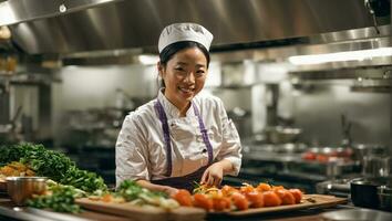 AI generated Happy asian woman cook in restaurant kitchen photo