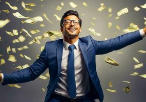 AI generated Happy man in a business suit falling dollars photo