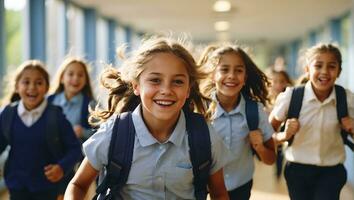 AI generated Happy schoolchildren running along the corridor photo