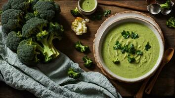 AI generated Appetizing cream of broccoli soup on the table photo