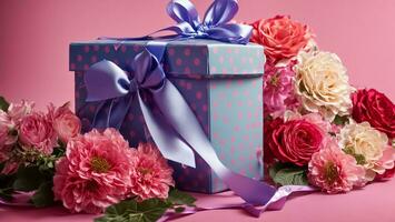 AI generated Gift box with bow and flowers photo