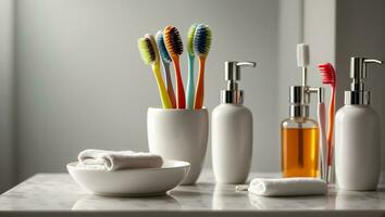 AI generated Toothbrushes in glasses in the bathroom photo