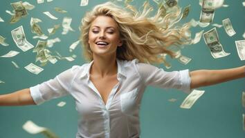 AI generated Happy beautiful girl falling dollars photo