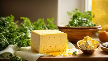 AI generated Fresh tofu cheese with parsley in the kitchen photo