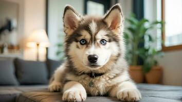 AI generated Cute Husky puppy in the room photo