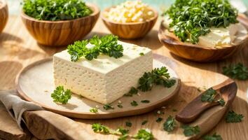 AI generated Fresh tofu cheese with parsley in the kitchen photo