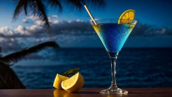 AI generated Blue cocktail in a beautiful glass, lemon, night against the sea photo