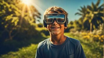 AI generated Boy in virtual reality glasses on the streets in summer photo