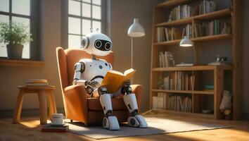AI generated Robot reading a book in the room photo