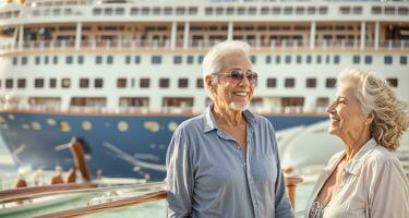 AI generated Happy elderly couple on the background of a ship photo