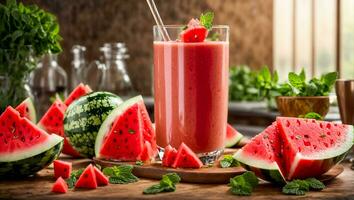 AI generated Watermelon and mint smoothie in the kitchen photo