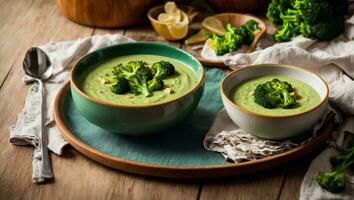 AI generated Appetizing cream of broccoli soup on the table photo