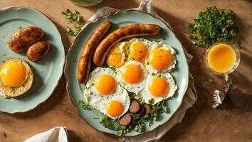 AI generated Delicious fried eggs with sausages on the kitchen table photo