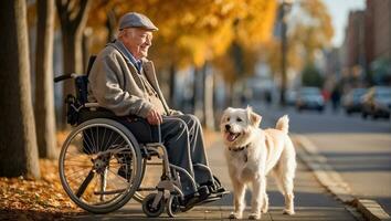 AI generated Elderly man in a wheelchair with a dog on the street photo