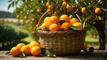 AI generated Basket with fresh oranges on a background of trees photo