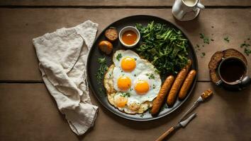 AI generated Delicious fried eggs with sausages on the kitchen table photo