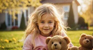 AI generated Little girl with a teddy bear in nature against the background of a house photo