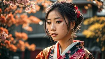 ai generado retrato de un hermosa japonés chica, flor foto