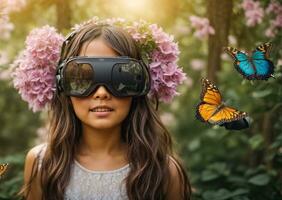 AI generated Little girl wearing virtual reality glasses in the forest, butterflies photo