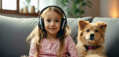 ai generado pequeño niña en auriculares con un perro en el habitación foto