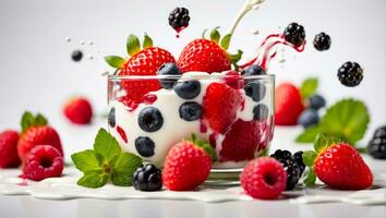 AI generated Fresh berries strawberries, blueberries, raspberries yogurt photo