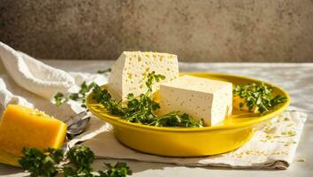 AI generated Fresh tofu cheese with parsley in the kitchen photo