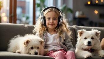 ai generado pequeño niña en auriculares con un perro en el habitación foto